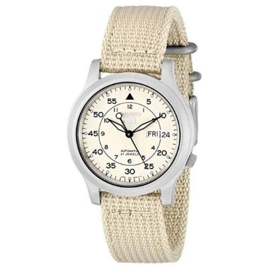 Seiko Automatic Watch with Beige Canvas Strap